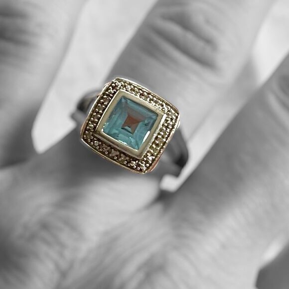 P*M .925 Sterling Silver Cushion Cut Blue Topaz Diamond Halo Ring Pendant Set - Picture 10 of 16